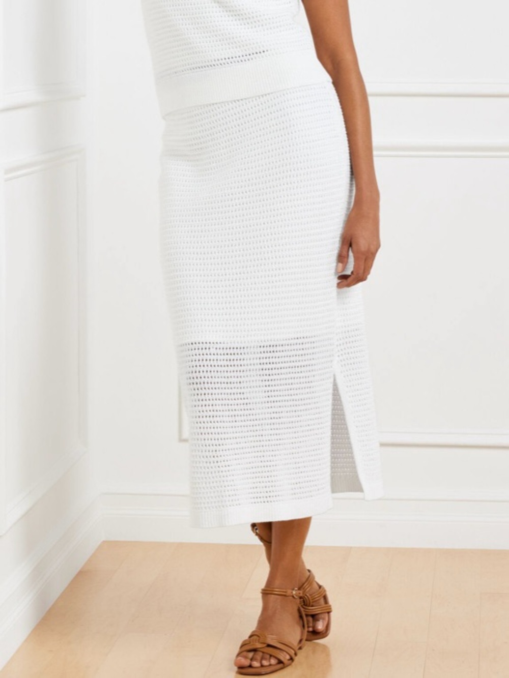 TALBOTS Cozy White Knit Midi Skirt in Soft Crochet Texture! 🐚